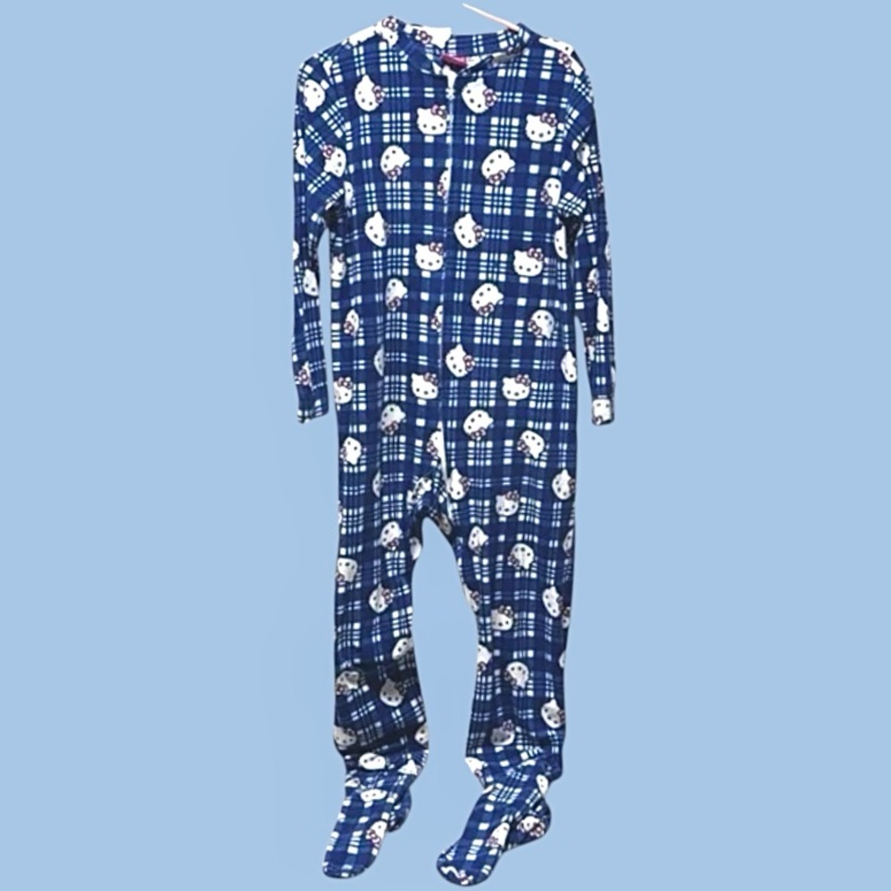 Hello Kitty Fleece Onesie Pajama Adult Med | Blue Pink Pattern | Cozy Sleepwear